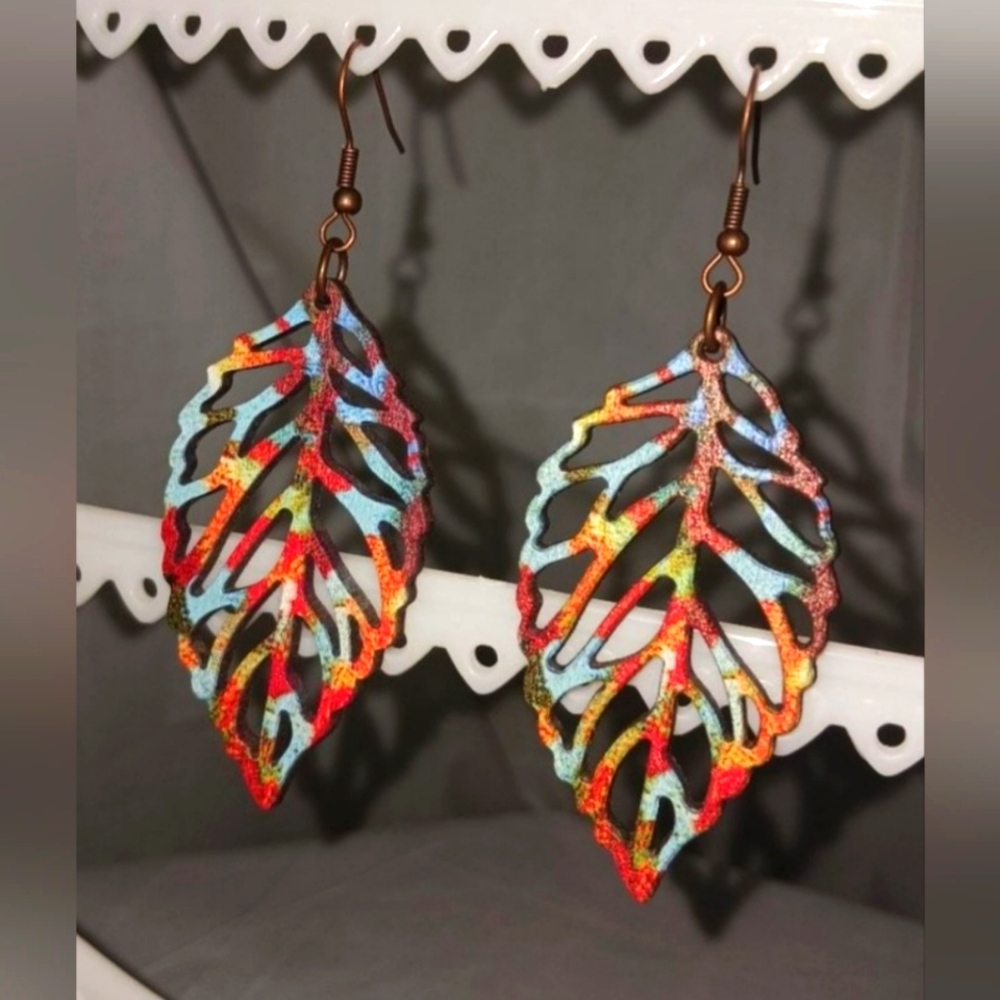 Hollow Leaf Colorful Dangle Earrings Retro Leisure Style Wooden Jewelry